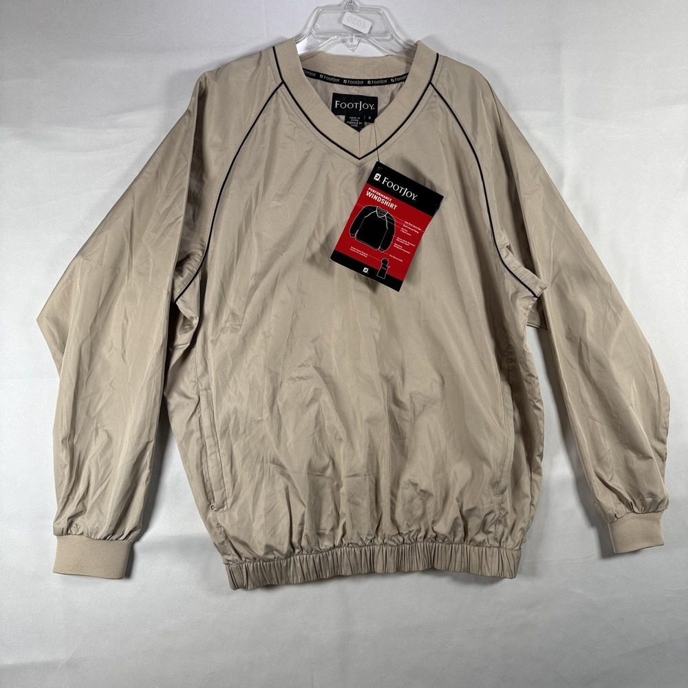 FootJoy Windshirt Jacket Mens Small Beige V Neck Pullover Golf Windbreaker